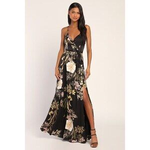 Lulus Still The One Black Floral Print Satin Maxi Dress - Size M